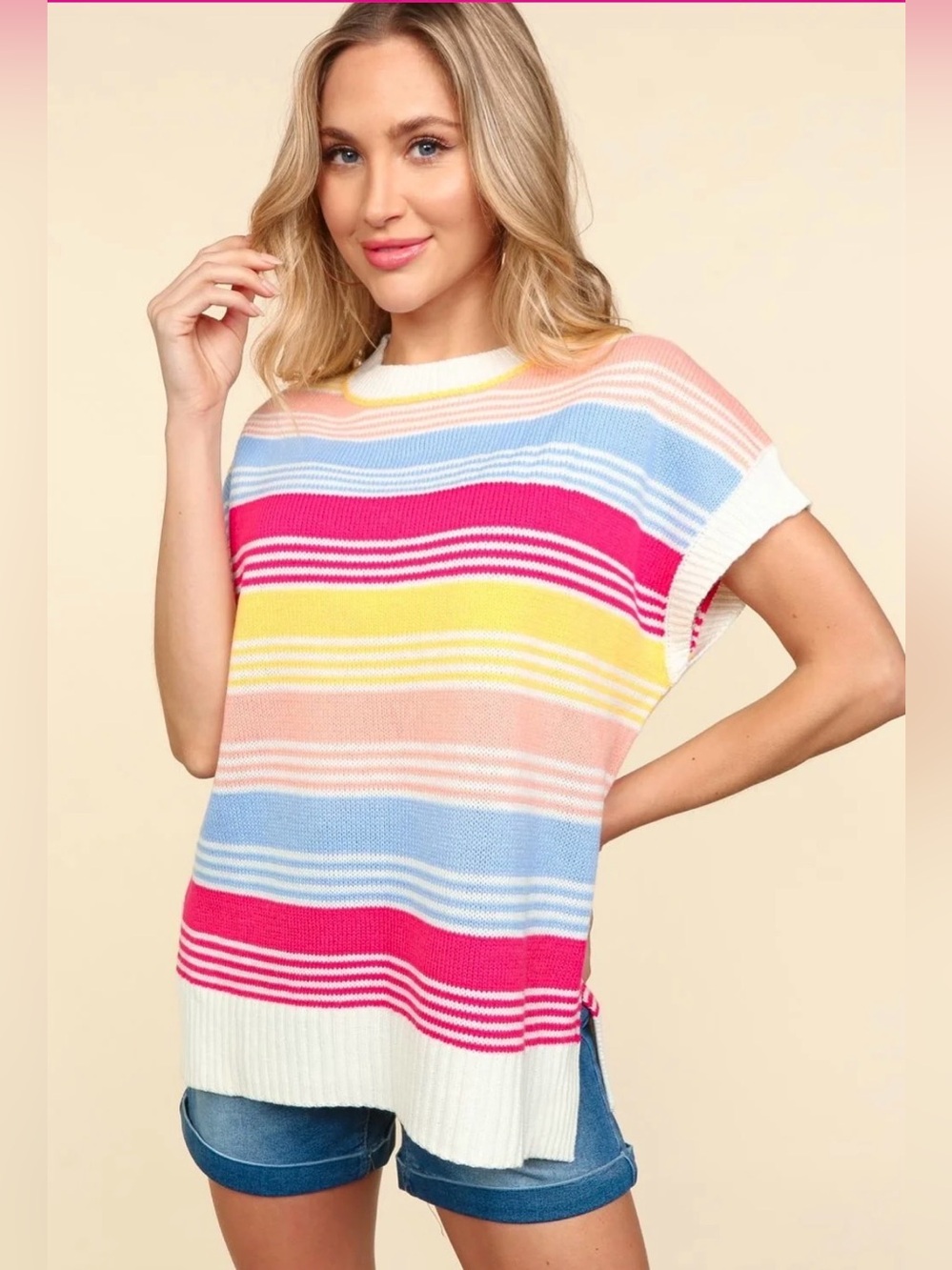 Striped Short Sleeve Knit Top in Pink, Blue & Yellow